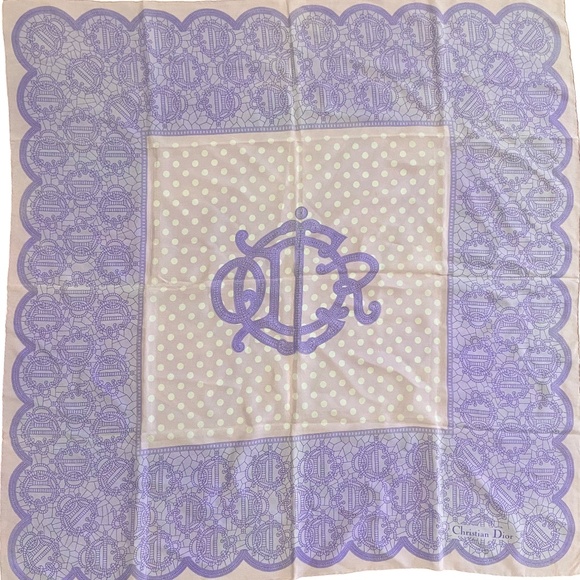 Auth. Christian Dior Pink & Lavender Silk Scarf Polka Dot & Logo Monogram Design - Picture 1 of 6